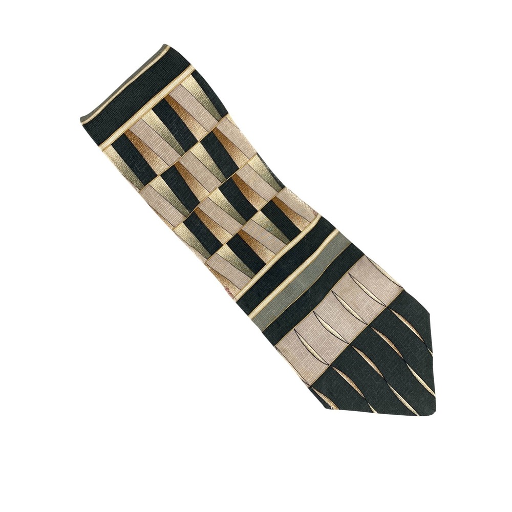 Pierre Balmain Mens Tie Extra Long Green Gold Silk Geometric Designer Artsy 65x4